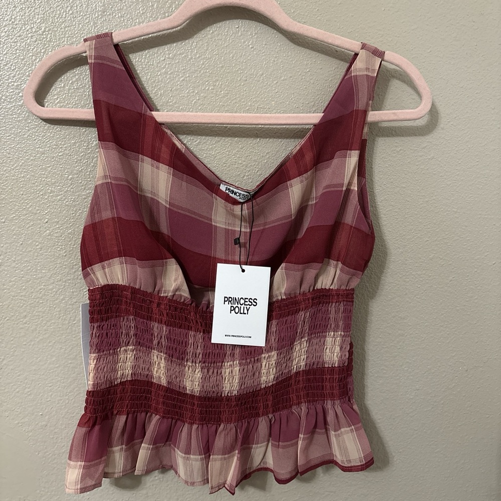 Princess Polly Checkered Ruffle Blouse - Red and Cream